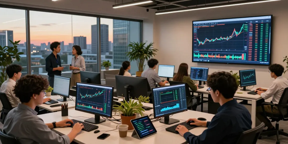 Innovative crypto trading workspace showcasing ifps analysis, monitors displaying blockchain data, individuals engaged in cryptocurrency discussions.