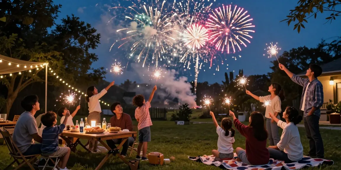Friends celebrating with fireworks for sale illuminating the night sky at a backyard party.