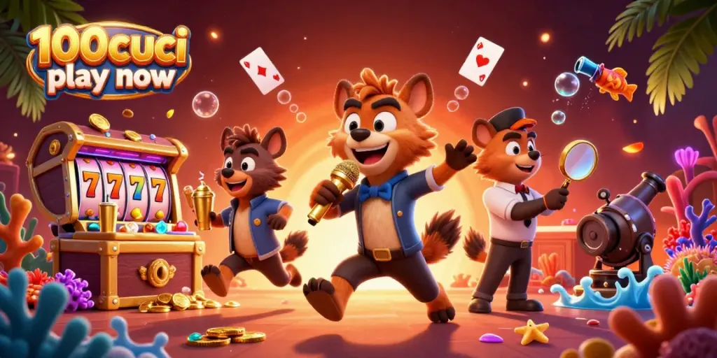 Join the fun with 100cuci play now and enjoy lively casino entertainment featuring gambling-themed hyenas.