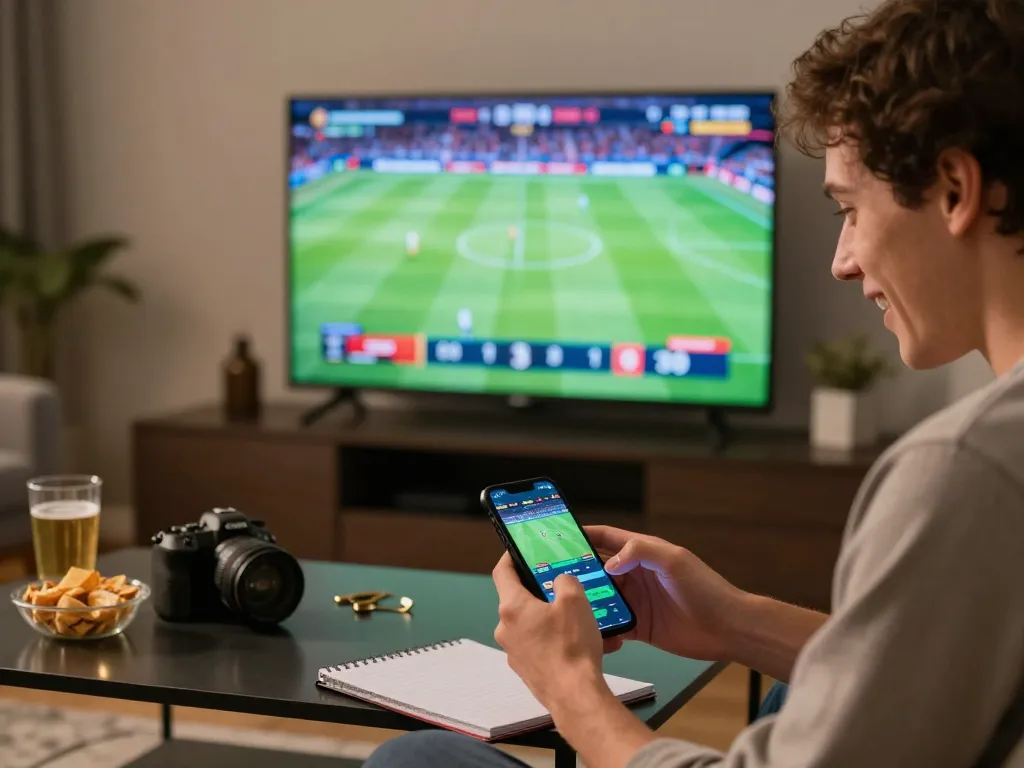 Exciting online sports betting scene with hay88x user engaging with smartphone and TV display.