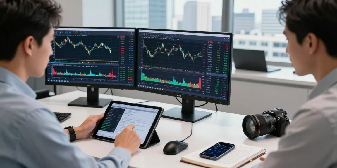 Trader engaged with MT4 forex platform in a modern office setting, analyzing charts and strategies.