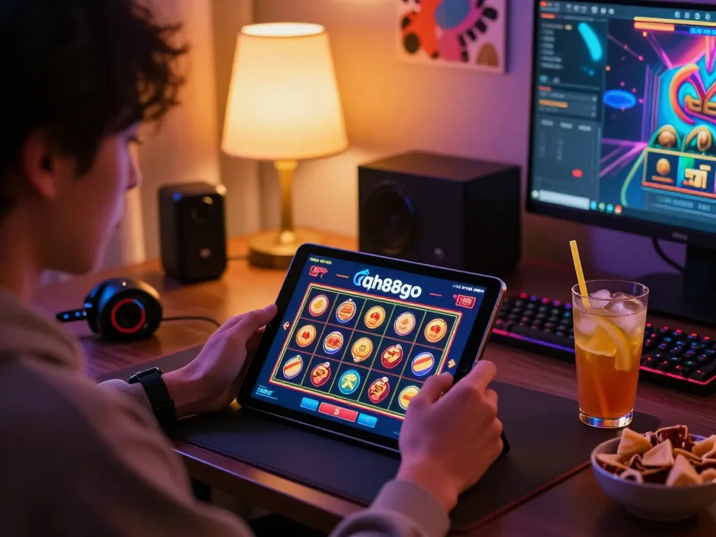 Engaging online gaming moment with qh88go on tablet, vivid slots interface in cozy atmosphere