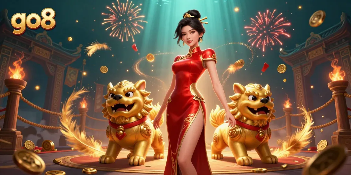 Spin to win at go8 with a glamorous Asian woman surrounded by golden foo dogs and casino elements.