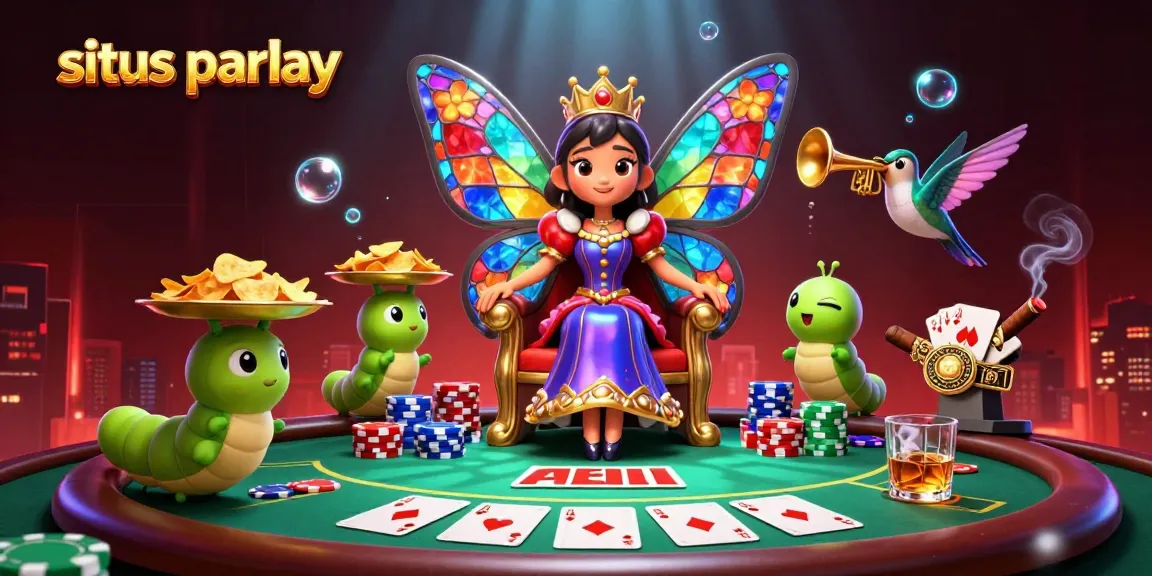 Engage in situs parlay betting with vibrant visuals of a majestic butterfly queen and poker elements.