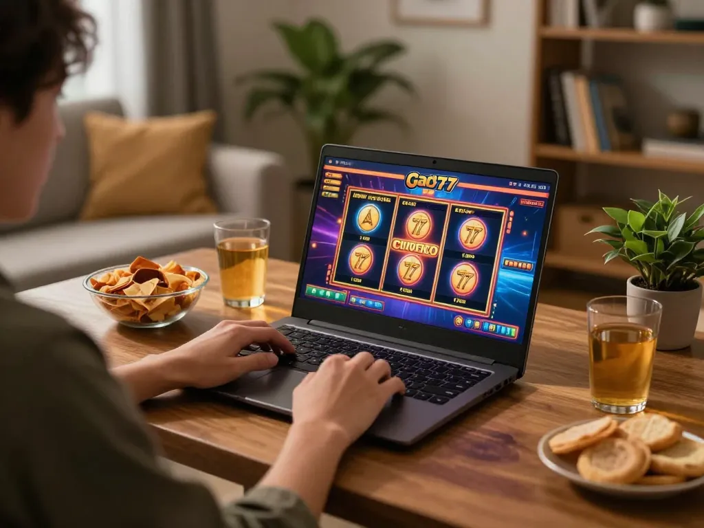 Playing slot gacor 777 on a laptop in cozy home environment, showcasing engaging online gaming.