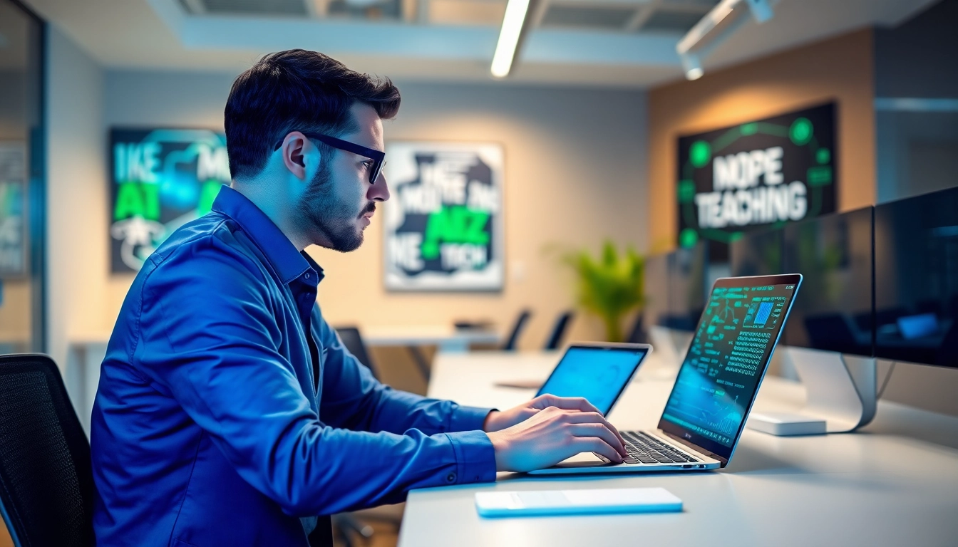 Showcase the EORMC AI blockchain developer coding at a modern setup, reflecting innovation and focus.