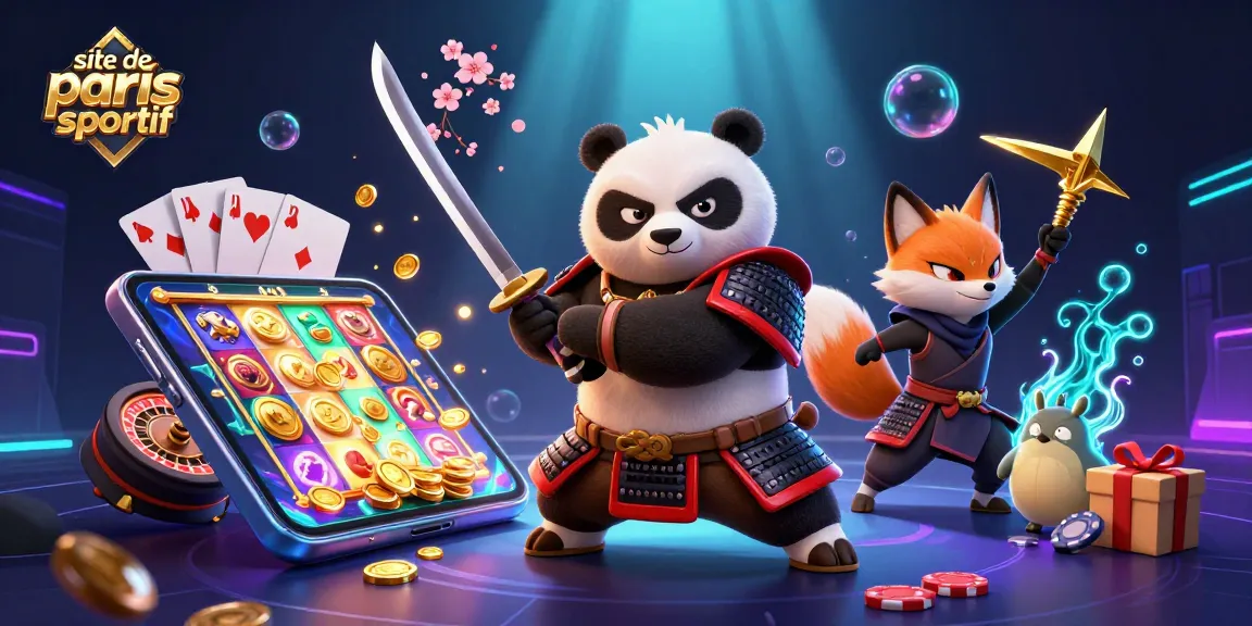 Illustrez le site de paris sportif avec un panda samouraï et un renard ninja animés dans une scène dynamique.