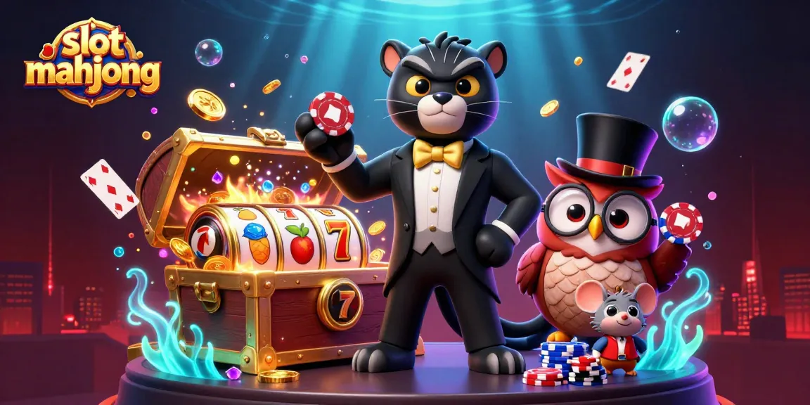 Engage in slot mahjong with a stylish panther dealing slots, an owl with poker chips, and a lucky mouse.