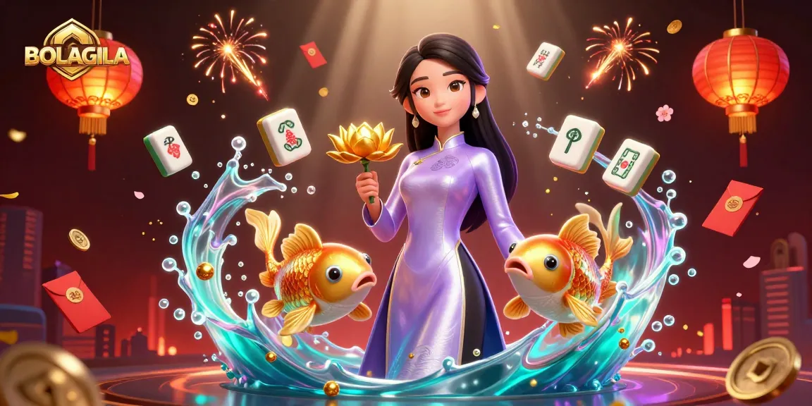 BOLAGILA presents an exciting lottery scene, featuring vibrant elements like koi fish and mahjong tiles for online gaming enthusiasts.
