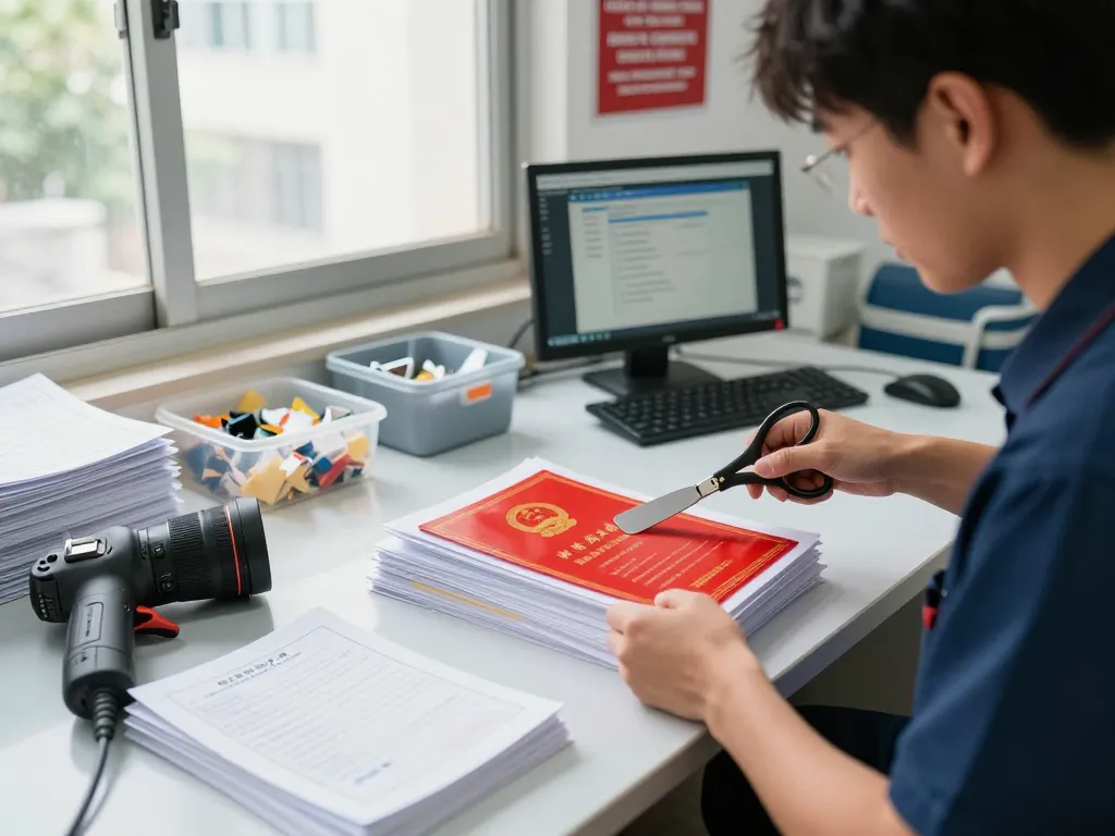 Bóc sổ đỏ ép plastic service with technician carefully extracting plastic from a land registration certificate in a professional workshop.