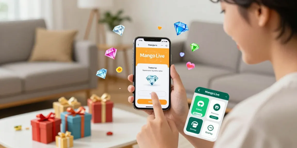 Mango Live top up transaction on smartphone, user engaging with easy payments and colorful diamonds in vibrant digital space.