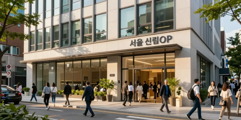서울 신림OP로 들어가는 사람들로 가득한 현대적인 오피스텔 외관