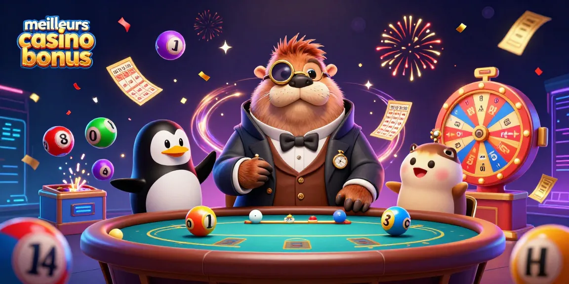 Découvrez les meilleurs bonus de casino avec des personnages animés jouant au poker, entourés de jeux et de confettis.
