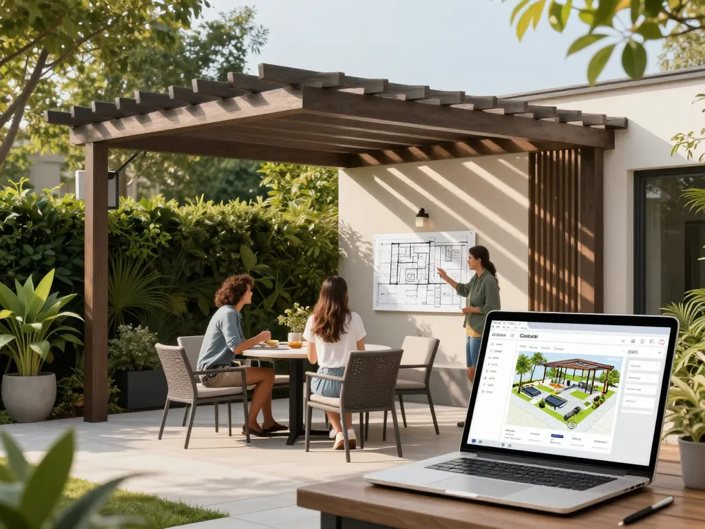 Engaging design of a pergola using Pergola Sales Software in a vibrant outdoor setting with a couple consulting with a designer.