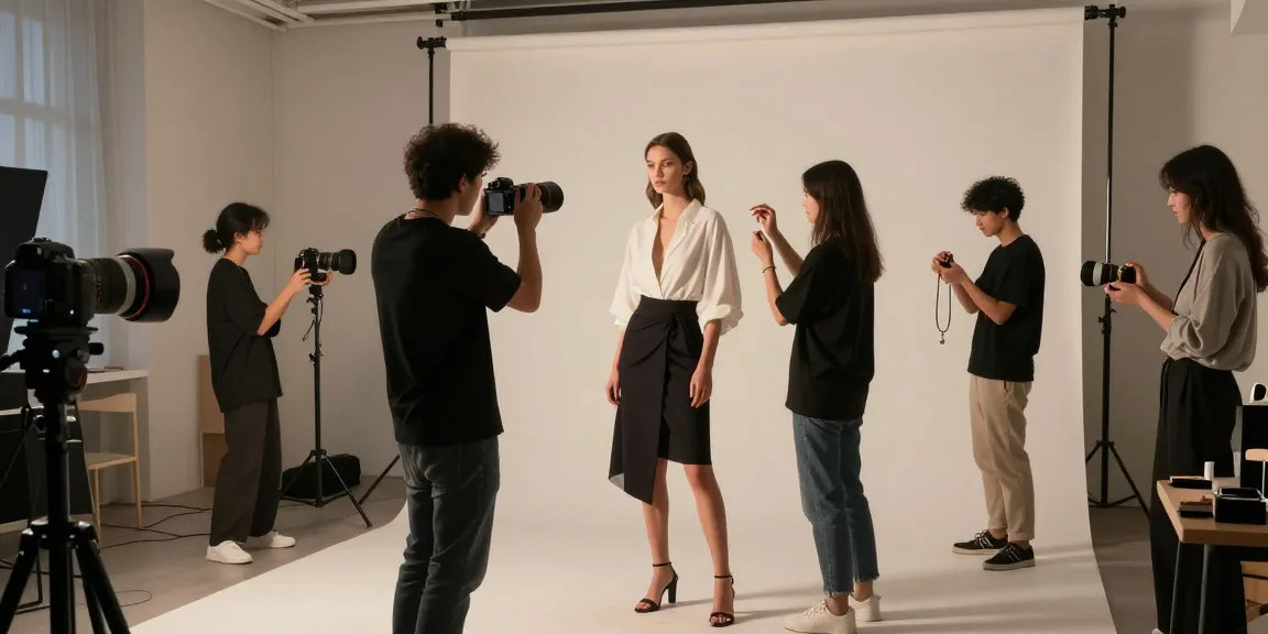 Servizi fotografici moda Milano: modello elegante in studio fotografico con styling e trucco professionale.