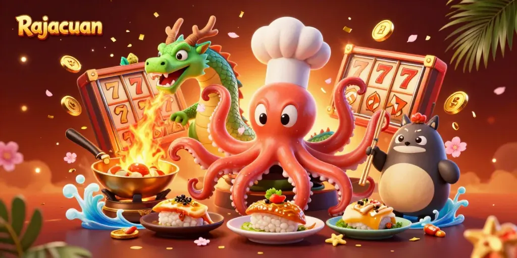 Rajacuan celebrates with a vibrant casino scene featuring a sushi chef octopus, dragon, and tanuki enjoying slots.