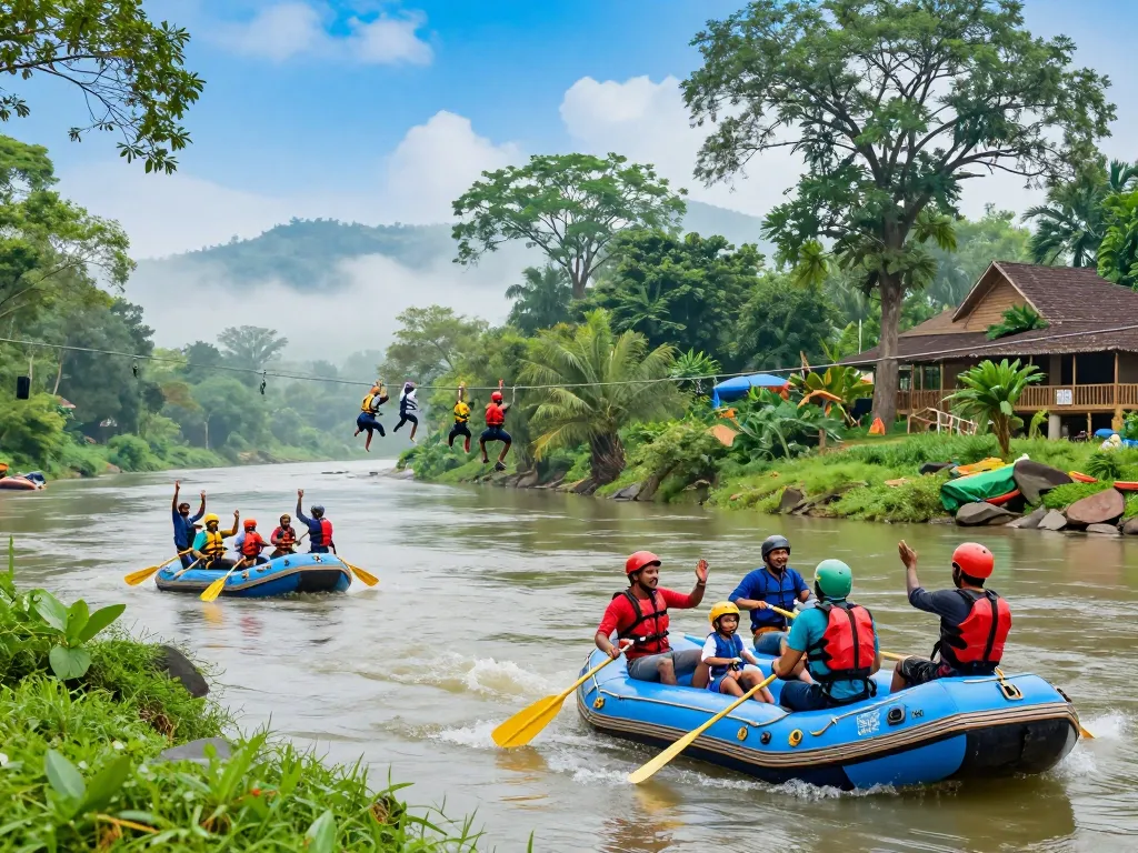 Dandeli resorts packages featuring adventure activities like river rafting and lush greenery, showcasing a vibrant travel experience.