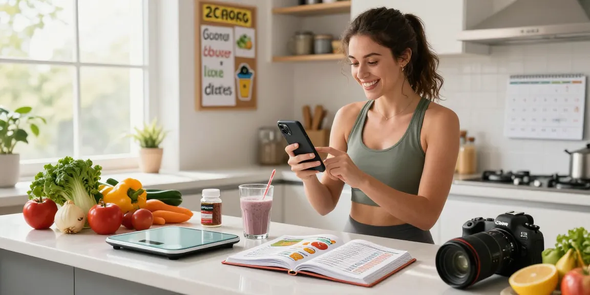 Healthy meal logging in modern kitchen with best calorie tracker app, vibrant fresh ingredients, and motivational meal plans.