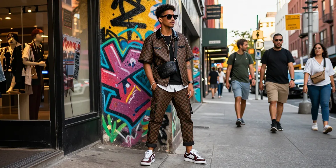 Stylish individual showcasing trendy 레플리카 fashion in an urban setting.
