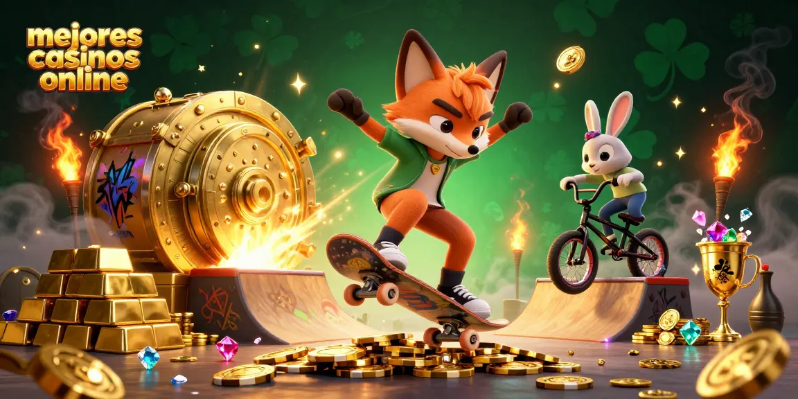 Ilustración 3D de mejores casinos online con un zorro haciendo un truco sobre fichas de póker y un conejo en BMX.