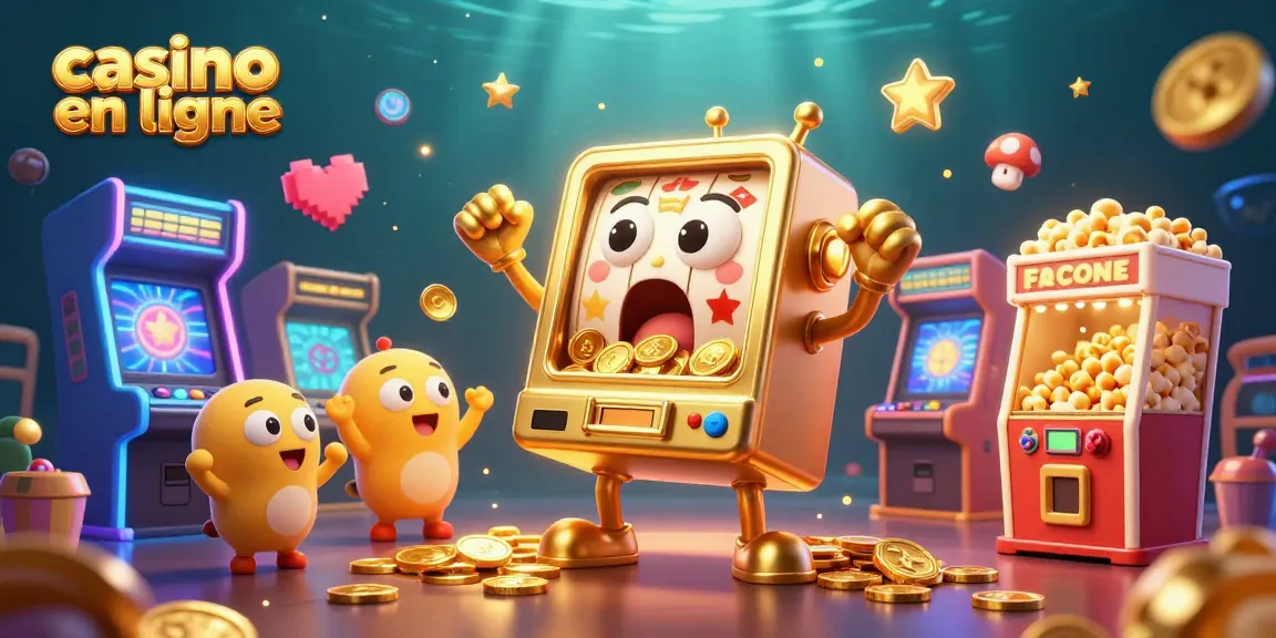 Illustrer un jackpot dans un casino en ligne avec des machines à sous dorées et des pièces tombant.