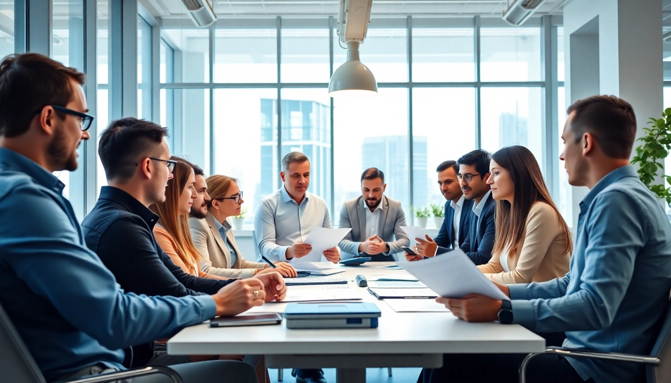 Team discussing contracts and grants in a modern office environment focusing on collaboration.