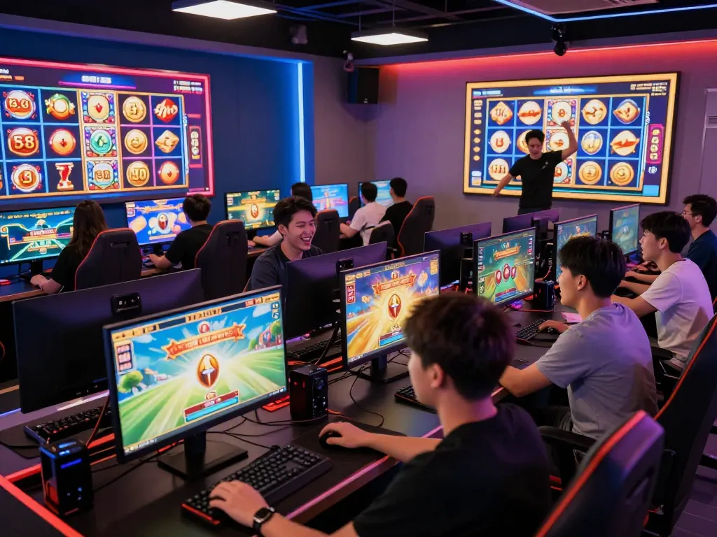 Exciting online gaming scene with players enjoying slot88 games in a vibrant esports lounge, showcasing camaraderie and winning moments.