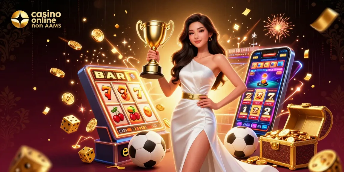 Scopri casino online non AAMS con una donna asiatica vincitrice di trofei tra elementi di gioco vibranti.