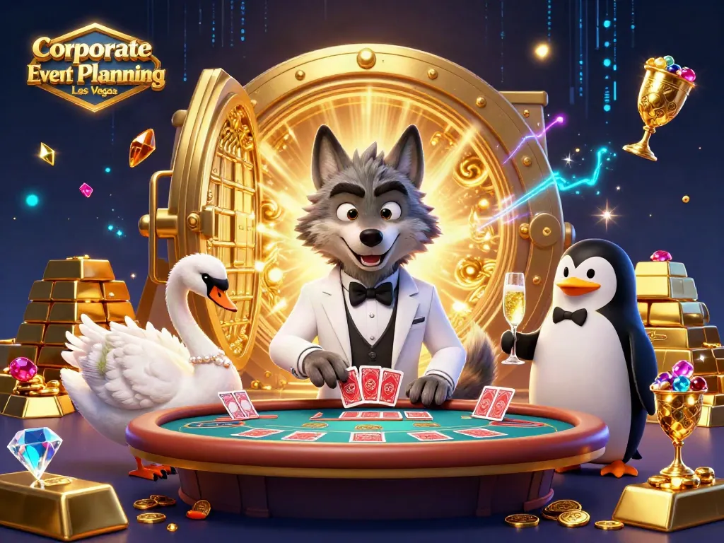 Engaging corporate event planning scene featuring details of Corporate Event Planning Las Vegas with a debonair wolf, swan, and penguin at a baccarat table.