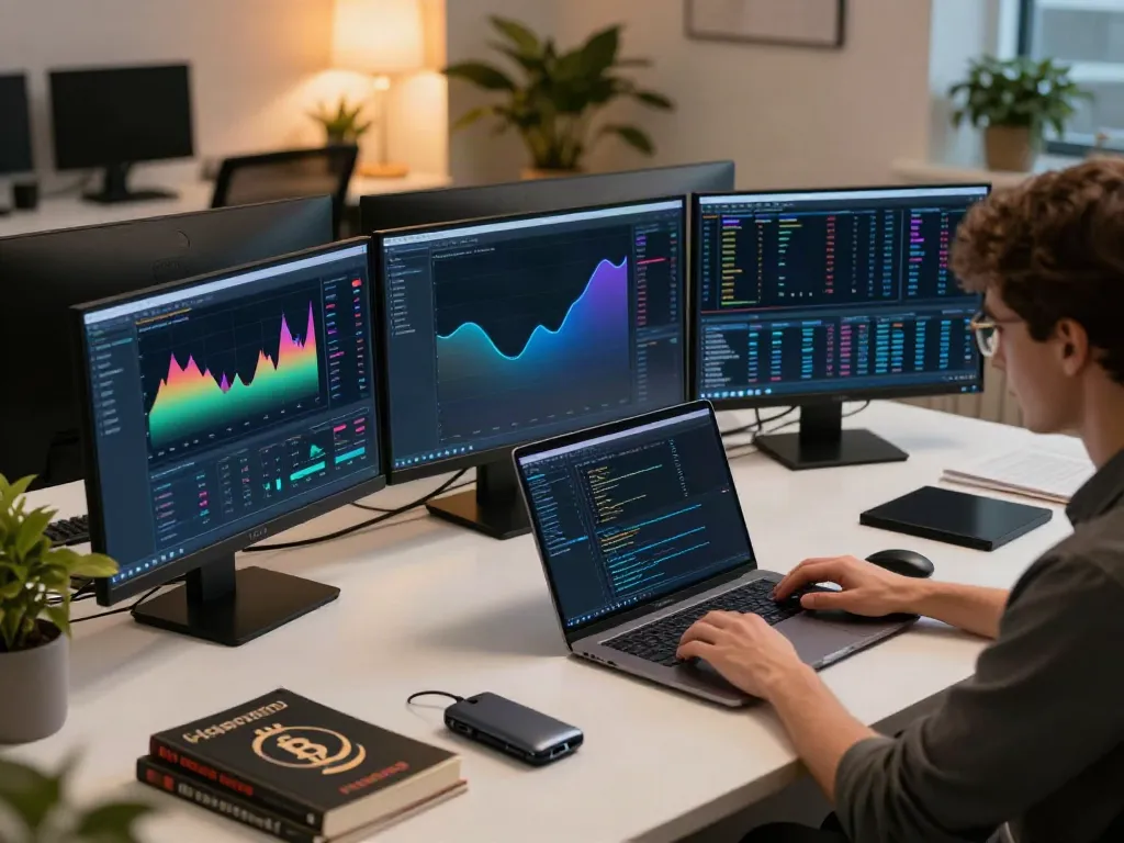 Crypto trader coding with 株価 API Python integration on multiple monitors, showcasing innovative trading analytics.