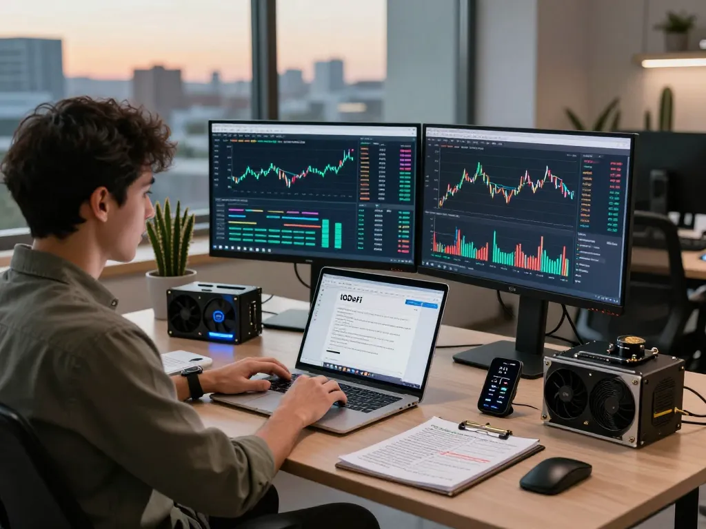 Analyst at a tech workspace reviewing data on the IODeFi official website for cryptocurrency cloud mining.