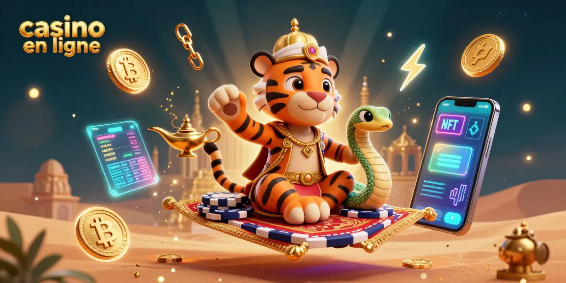 Jouez au casino en ligne avec un sultan tigre sur un tapis volant, entouré d'éléments de jeu.
