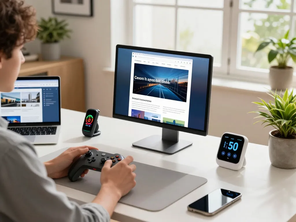 Smart tech gadgets showcased in an inviting home office, featuring Bluetooth controller, fitness tracker, and kitchen thermometer.