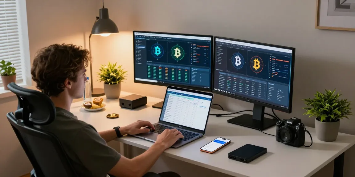 Mining bitcoin online with cryptocurrency software on dual monitors in a modern home office setup