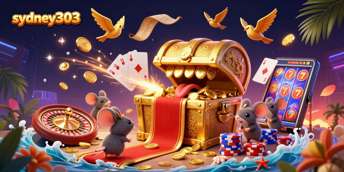 Gambarkan kesenangan judi dengan sydney303 dikelilingi harta berkilau, roda roulette, dan chip poker