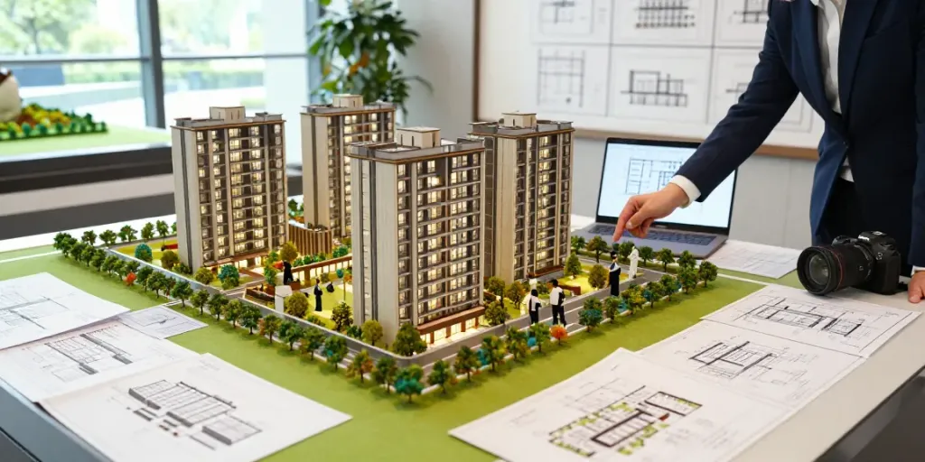 Real estate models displayed in a bright studio, highlighting intricate details and vibrant landscaping.