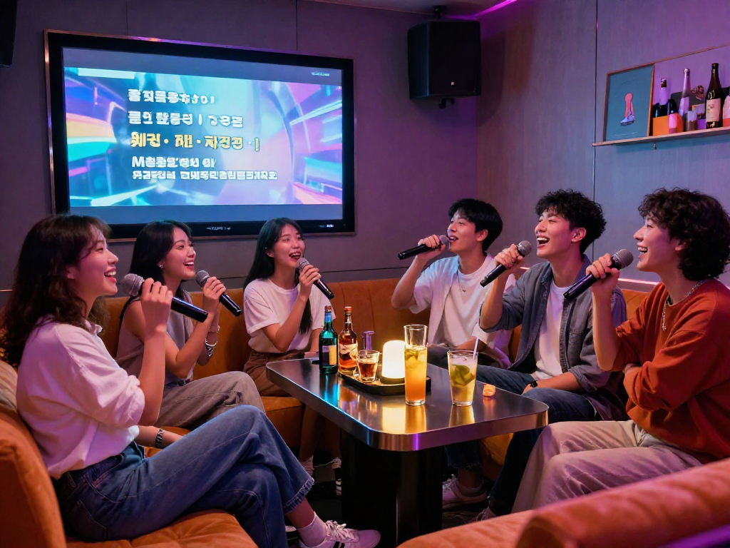 강남 엘리트에서의 프라이빗 가라오케 즐기는 모습, 친구들과 함께하는 즐거운 분위기