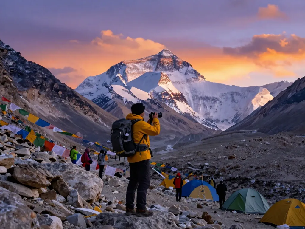 Traveler at Everest Base Camp Trek celebrating sunset with mountains in background.