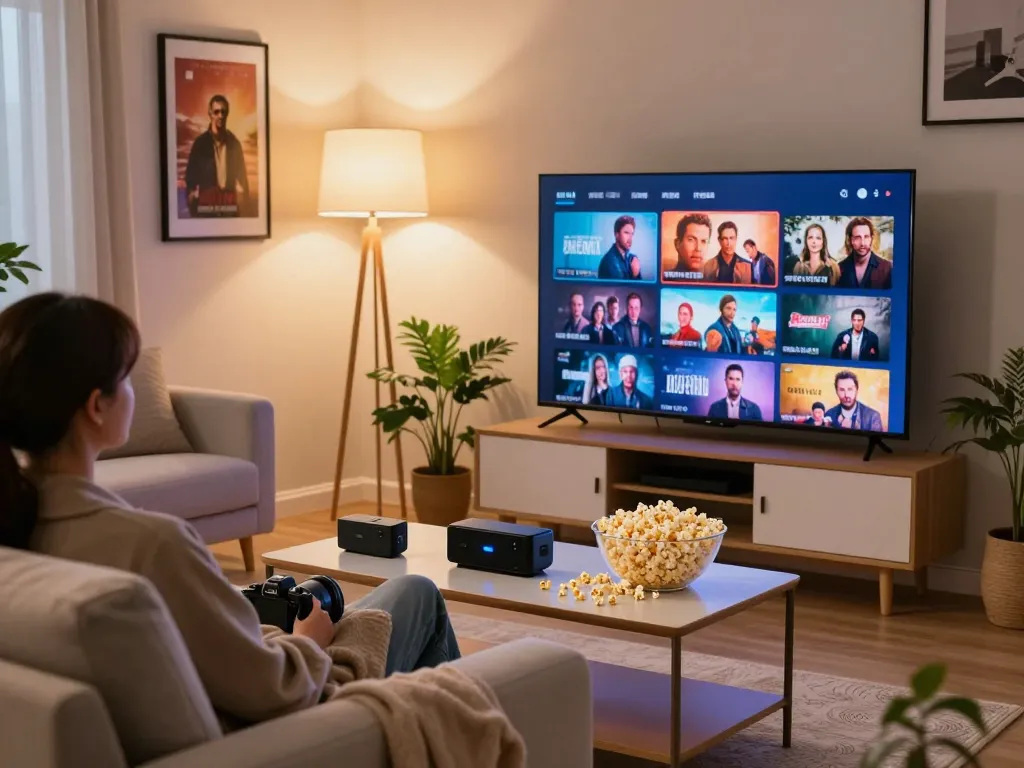 Binge Guide setup with cozy living room, popcorn, TV, and streaming devices.