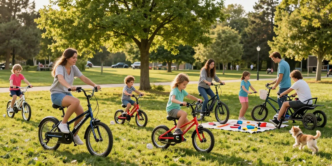 Families enjoying a sunny day riding tricycles in the park, showcasing various electric and kids' options for ultimate fun.