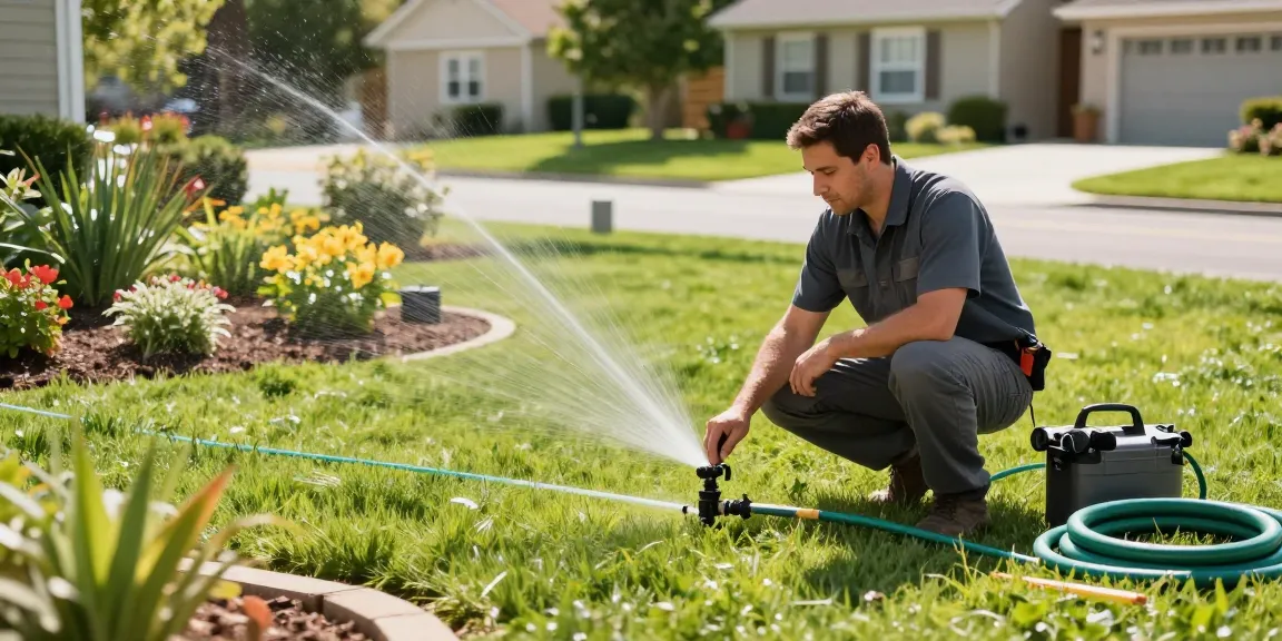 Professional Irrigation Services in Springtown, TX - Technician inspecting sprinkler heads in a vibrant garden setting.