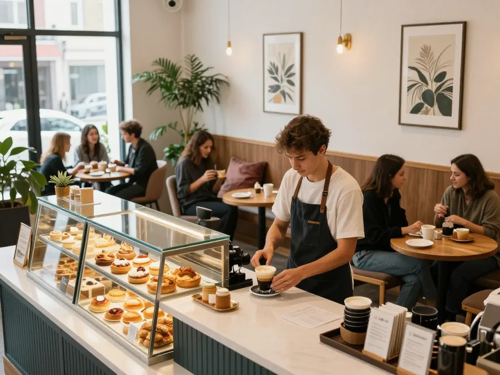 ตกแต่งร้านกาแฟ with cozy seating, plants, and barista making espresso in a warm atmosphere.