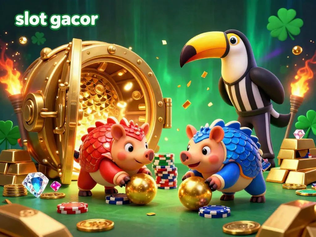 Experience the excitement of slot gacor with animated pangolins bowling through golden poker chips in a dynamic casino scene.