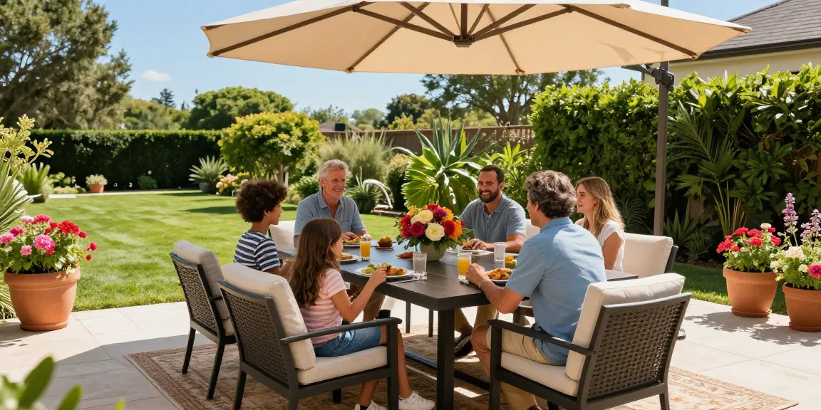Family enjoying meals at stylish patio dining sets in a sunny backyard.