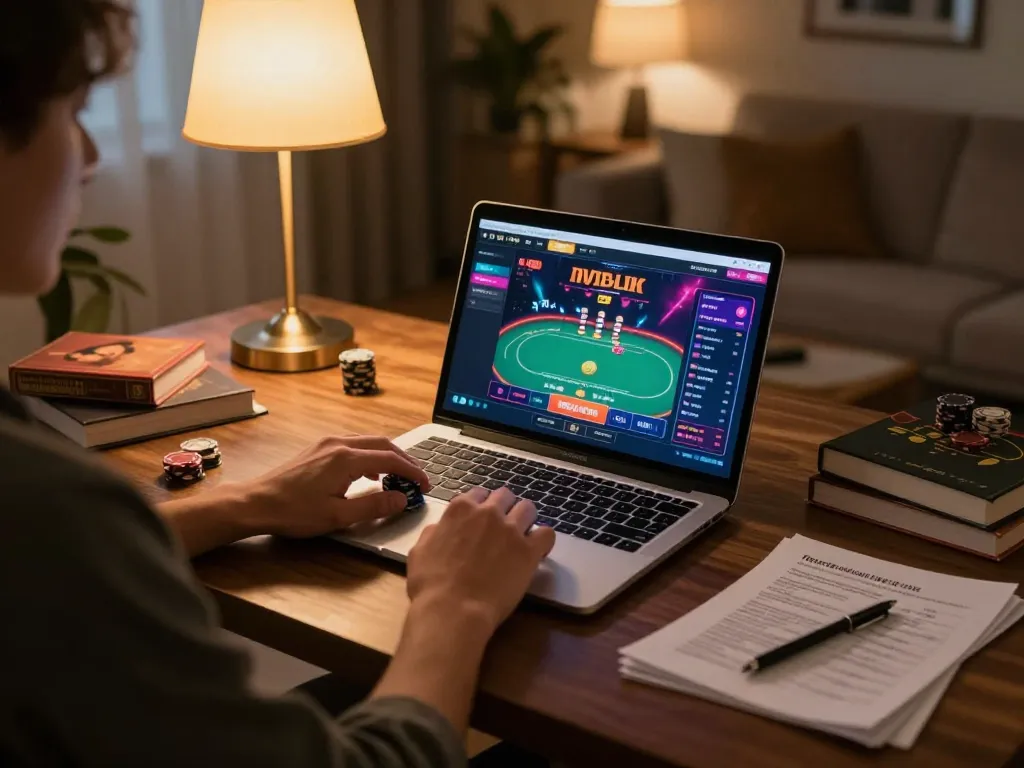 Engaging in online casino gameplay on laptop at home, fabet gaming interface visible on screen.
