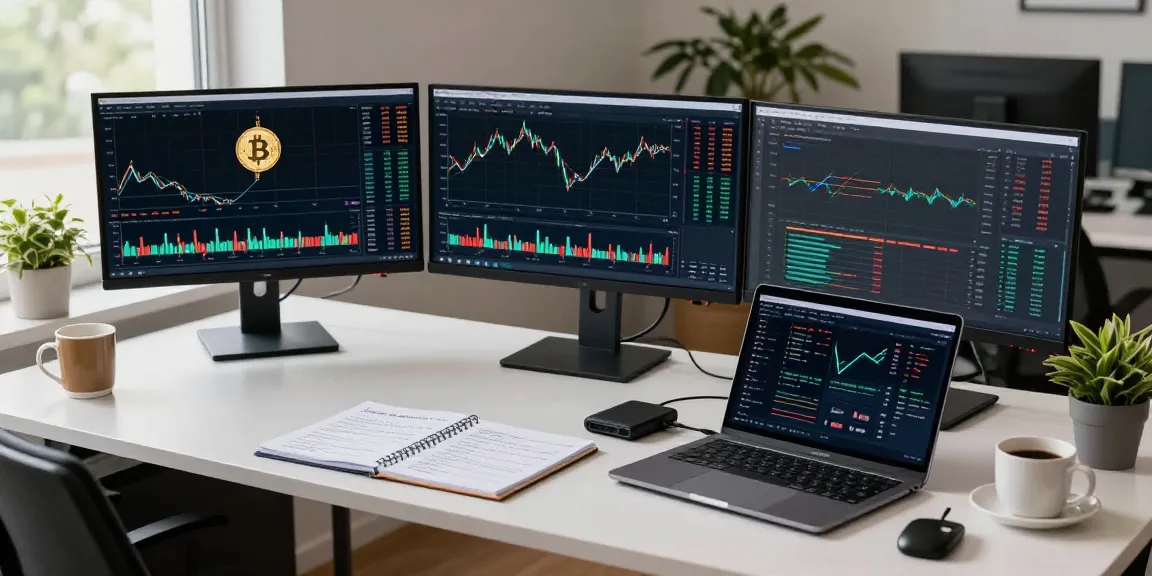 Bitcoin mining investment focused workspace with cryptocurrency charts, digital wallet, and DeFi analytics