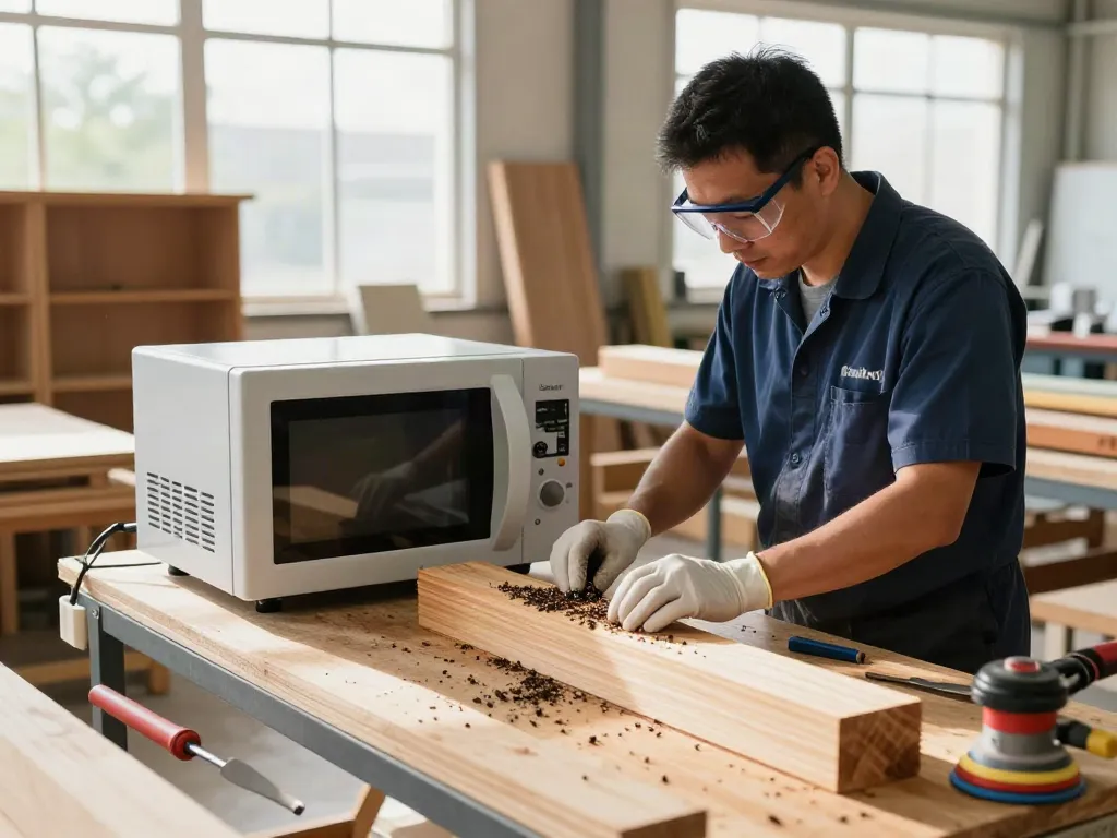 Shashel® microwave equipment eliminating wood-boring insects in a workshop setting.