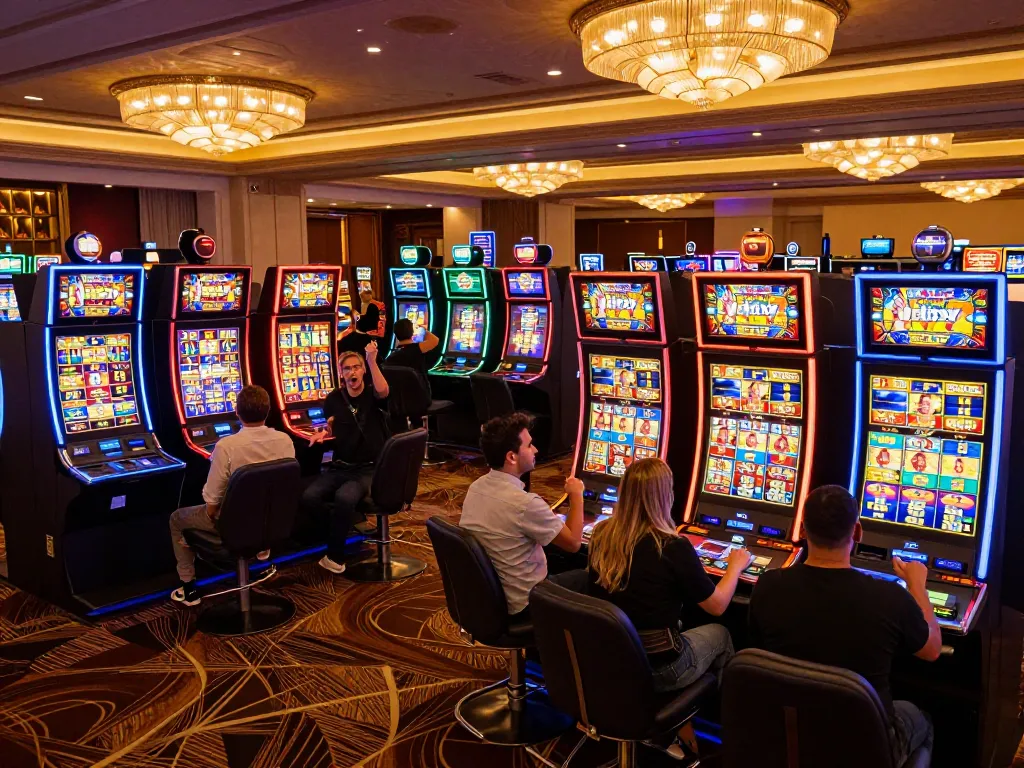 Players celebrating a jackpot win on slot machines at a vibrant casino, showcasing 789 excitement in gaming.