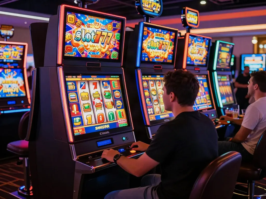 Gamer bermain slot777 dengan banyak mesin slot bercahaya dan suasana kasino yang energik.