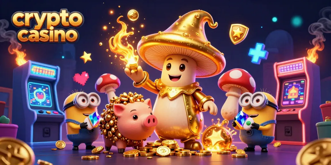 Slot e casino crypto in un'illustrazione dettagliata con wizard e funghi
